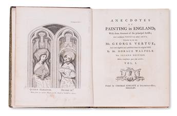 WALPOLE, HORACE. Anecdotes of Painting in England + A Catalogue of Engravers.  2 works in 5 vols., bound in 3. 1765; 1771 [i. e., 1780]